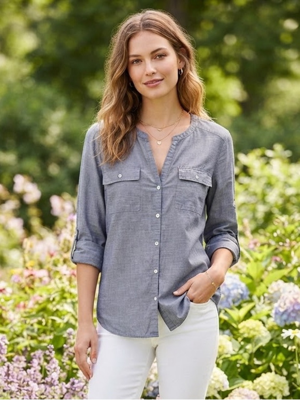 LOFT Chambray Button-Front Roll-Tab Blouse in Light Blue